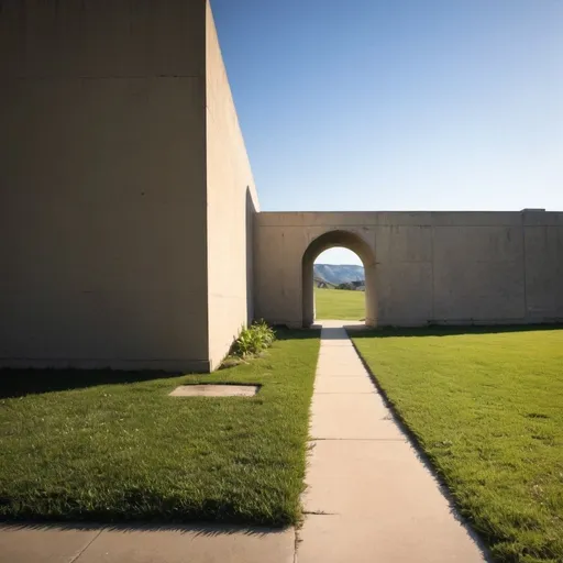 Prompt: Walkway, corner of building, arch in a wall, Green grass