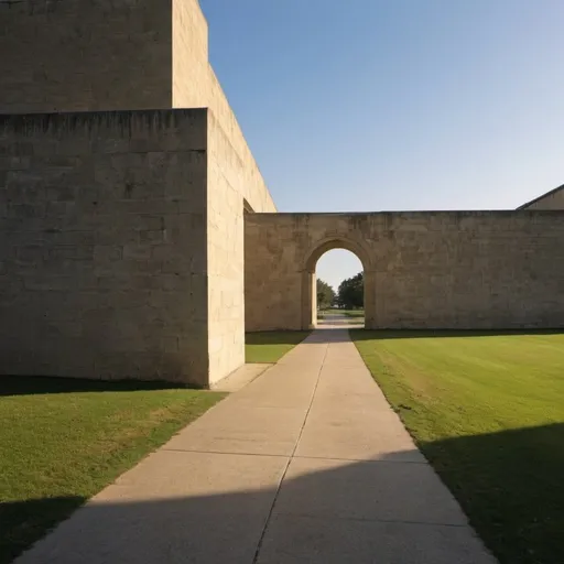 Prompt: Walkway, building, arch, wall, grass, far, distant