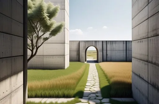 Prompt: Behind the back corner of a single concrete building to the left, a stone path leads through a single arch in the center, grass, photo, realistic, landscape, far, distant perpective