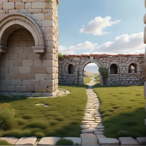 Prompt: Behind the back corner of a single building to the left, a stone path leads through a single arch in the center, photo, realistic, landscape, far, distant perpective