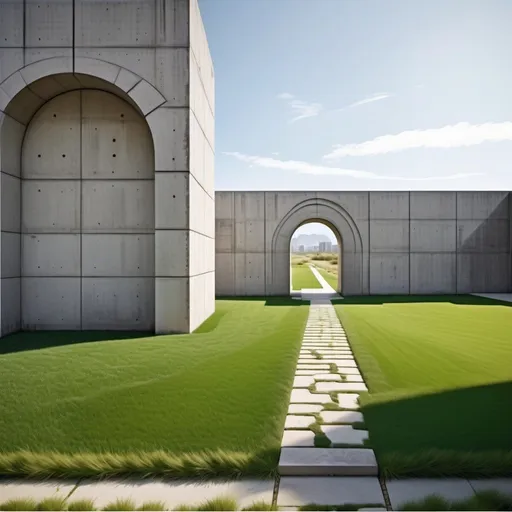 Prompt: Behind the back corner of a single concrete building to the left, a stone path leads through a single arch in the center, short green grass, photo, realistic, landscape, far, distant perpective