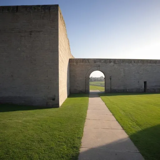 Prompt: Walkway, building, arch, wall, grass, far, distant