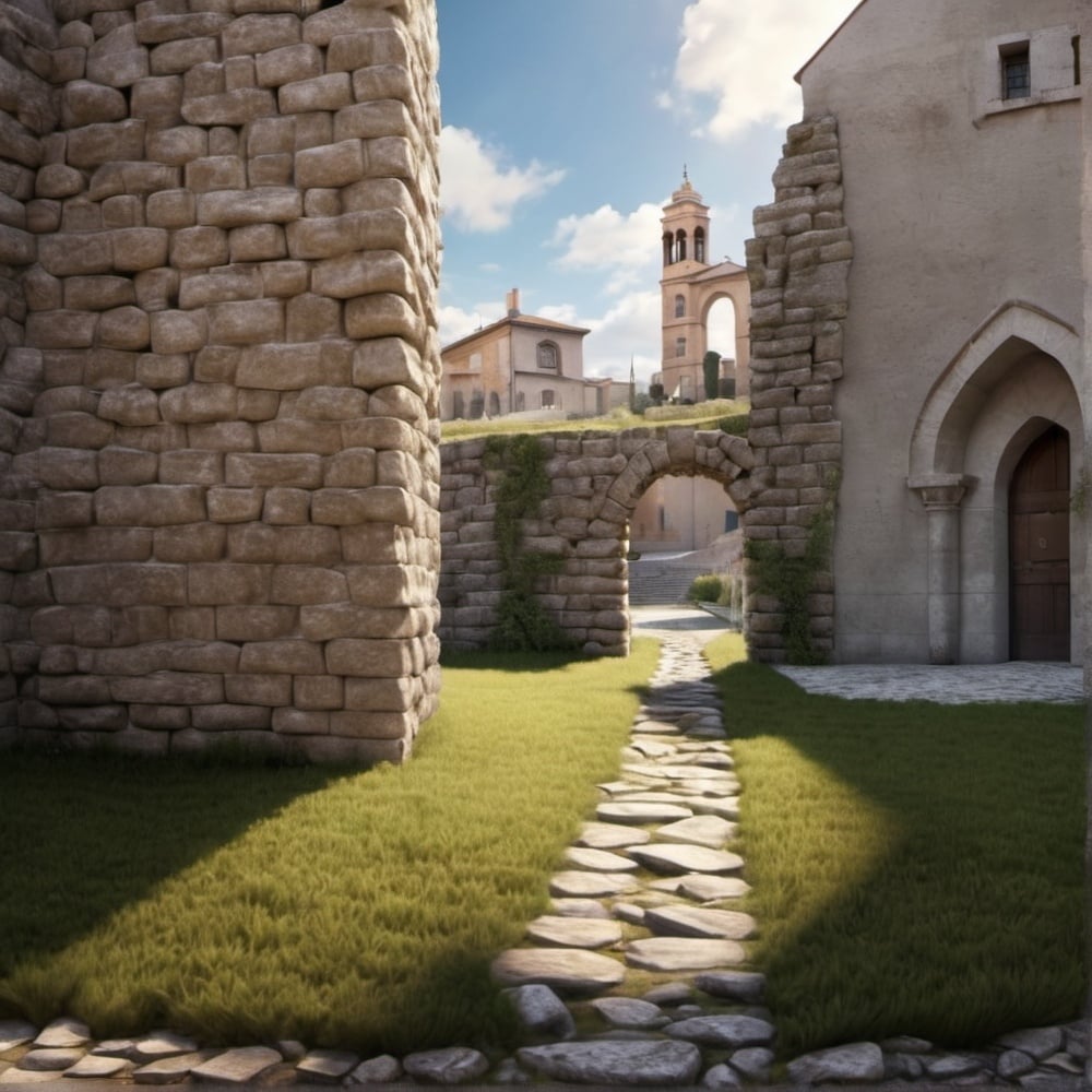 Prompt: Behind the back corner of a building to the left, a stone path in the center leads through an arch, photo, realistic, landscape 