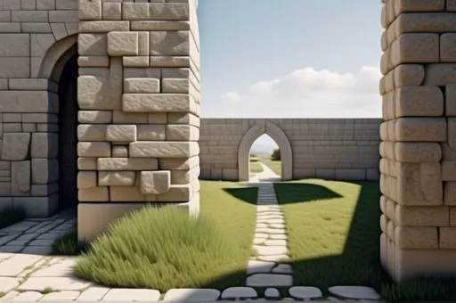 Prompt: Behind the back corner of a single concrete building to the left, a stone path leads through a single arch in the center, photo, realistic, landscape, far, distant perpective