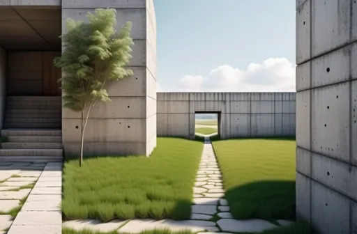 Prompt: Behind the back corner of a single concrete building to the left, a stone path leads through a single arch in the center, short green grass, photo, realistic, landscape, far, distant perpective