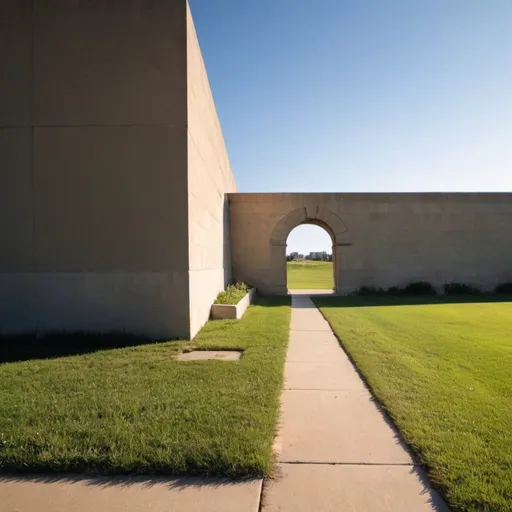 Prompt: Walkway, corner of building, arch in a wall, Green grass