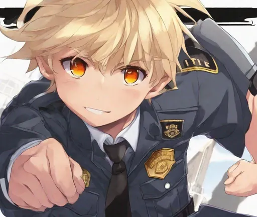 Prompt: Strong shota boy, little boy, blonde hair, Kid boy, 19 years old, orange eyes, undressing, abs, caming, in police uniform