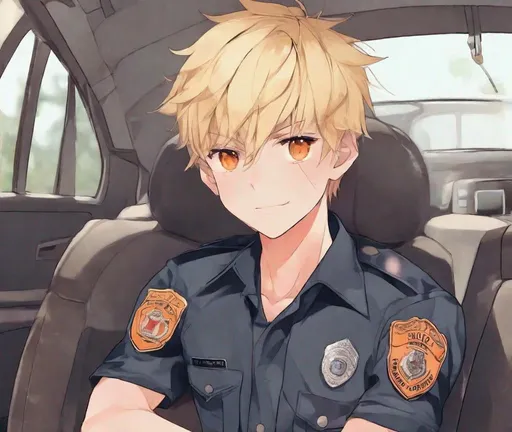 Prompt: Strong shota boy, little boy, blonde hair, Kid boy, 19 years old, orange eyes, undressing, abs, caming, in police uniform