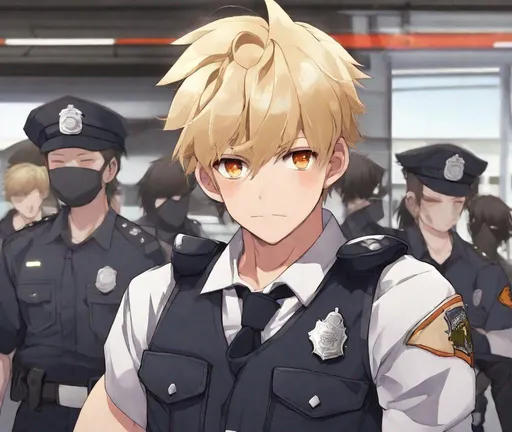 Prompt: Strong shota boy, little boy, blonde hair, Kid boy, 19 years old, orange eyes, undressing, abs, caming, in police uniform