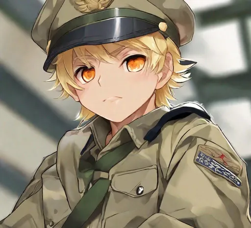 Prompt: Strong shota boy, little boy, blonde hair, Kid boy, 13 years old, orange eyes, undressing, abs, jerk off, in army uniform
