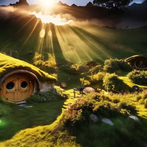 Prompt: hobbit houses in the side of a hill, clouds with sunlight coming through 4k scenery lord of the rings 