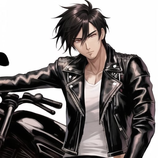 Prompt: handsome asian anime male, with messy dark hair and sharp eyes, dressed in a biker leather jacket and tight jeans. He is leaning on the handle bars of a black motorcycle 