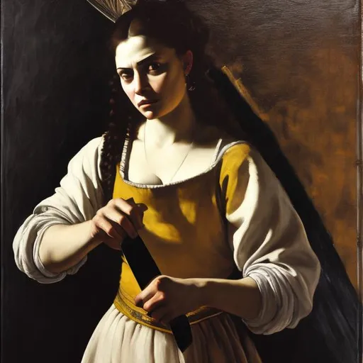 Prompt: Artemisia gentileschi inspired painting of a woman with a knife 