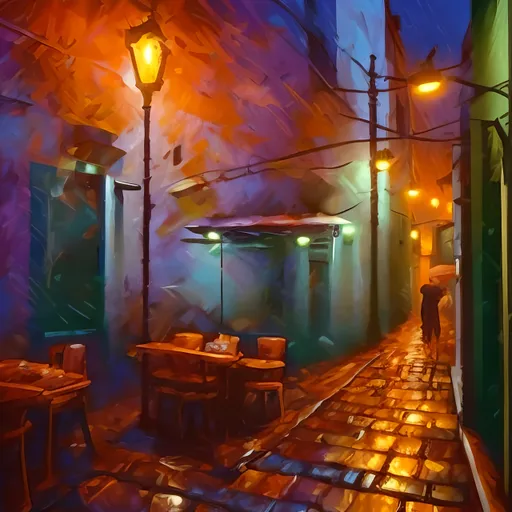 Prompt: a surreal impressionist painting of a cozy coffeeshop at a narrow alley in the city of Lisbon at the evening, coffeeshop has two tables in front and alley has few lights , no one on the tables and weather is rainy 