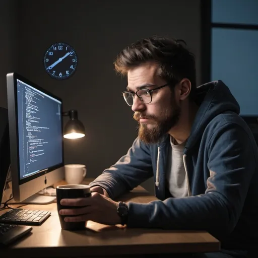 Prompt: Make a image on "A web developer sitting on his desk at 4:30 AM with a cup of coffee and looking at the screen and try to fix the problem."