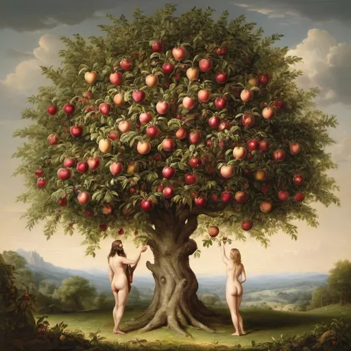 Prompt: The forbidden fruit tree, its allure evident, tempting Adam and Eve.