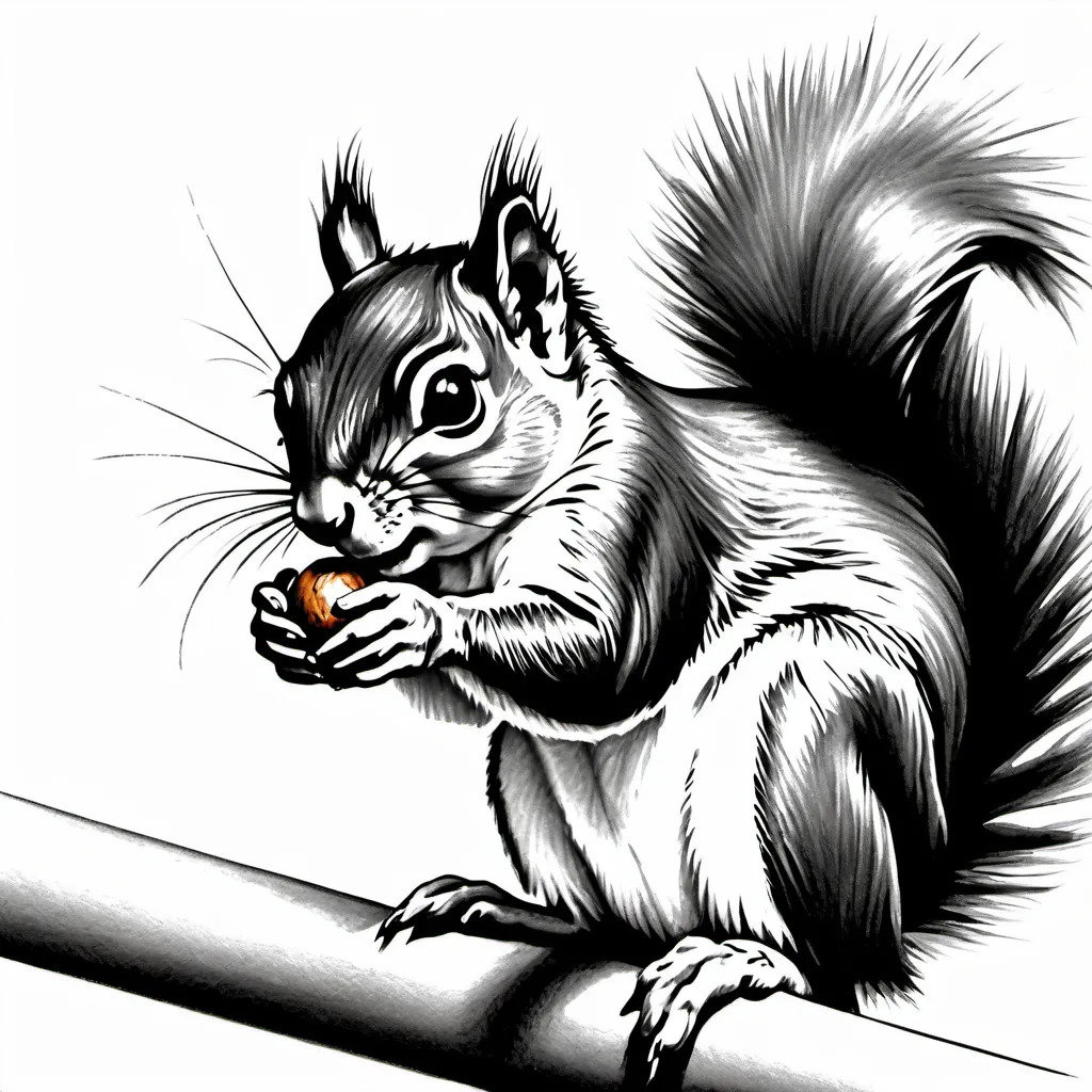 Prompt: black and white hard pencil drawing of a small squirrel Tamia sideways looking to the expectator, holding a wallnut 
