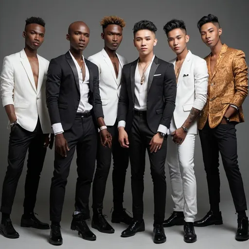 Prompt: A male K-pop band made up of African men, Mulato men, Mestizo men and Filipino men.