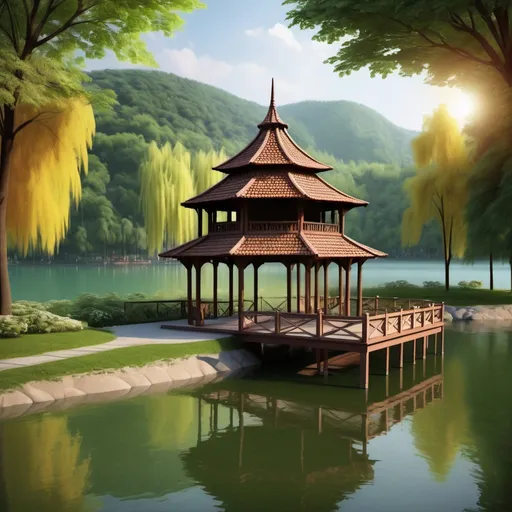 Prompt: a pavilion by the lakeside,
with beautiful natural scene,