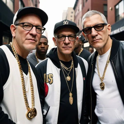 Prompt: Lucian Grainge, Jimmy Iovine, and Lyor Cohen in hip-hop attire, urban street setting, detailed facial features, high quality, realistic, hip-hop style, street fashion, powerful presence, confident demeanor, gold chains, designer streetwear, professional lighting