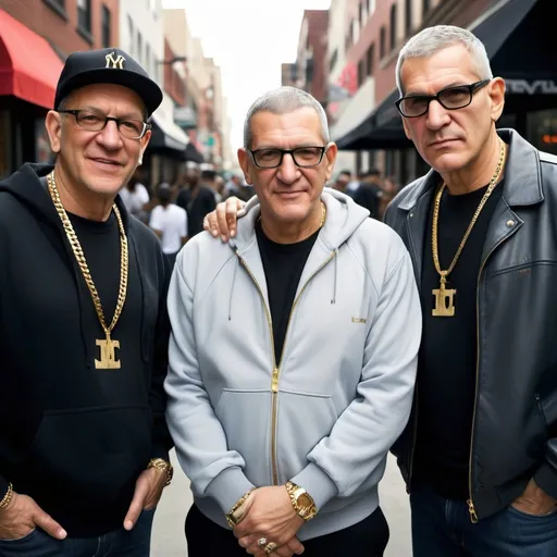 Prompt: Lucian Grainge, Jimmy Iovine, and Lyor Cohen in hip-hop attire, urban street setting, detailed facial features, high quality, realistic, hip-hop style, dental grill, street fashion, powerful presence, confident demeanor, gold chains, designer streetwear, professional lighting