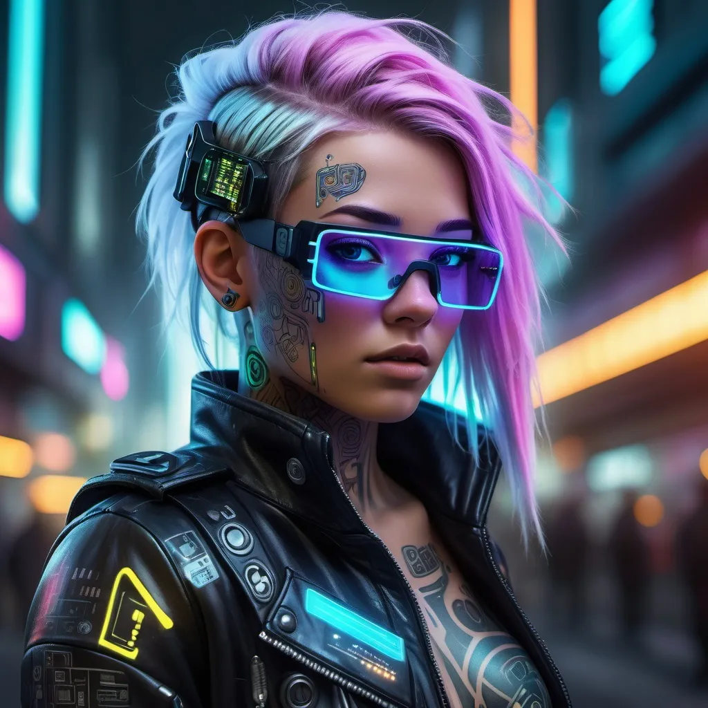 Prompt: "Immagine futuristica e dettagliata di una ragazza cyberpunk con capelli luminosi e iridescenti, indossando occhiali o visore tecnologico. La sua pelle è parzialmente traslucida, mostrando circuiti elettronici e chip impiantati sotto la superficie. Il suo viso è decorato con tatuaggi di luce al neon, e il suo abbigliamento è composto da giacca in pelle nera con inserti tecnologici e un'armatura leggera. La scena è arricchita da un paesaggio urbano futuristico, con luci al neon, insegne futuristiche e grattacieli sullo sfondo. Lo stile è molto dettagliato e realistico, con un'atmosfera cyberpunk intensa. L'immagine è contrastata per risaltare sulla superficie nera della t-shirt."