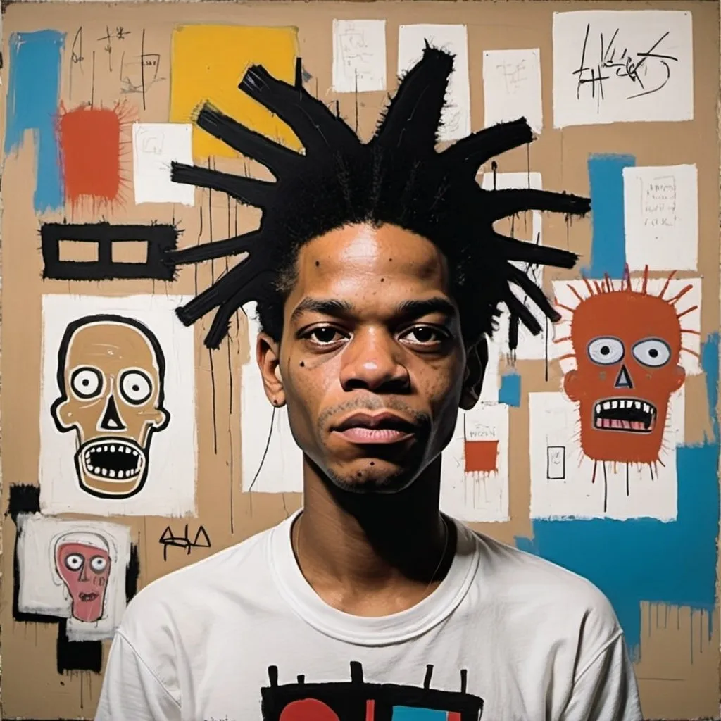 Prompt: If basquiat the artist was alive in 2024 paint some artwork which would reflect the changing times and the themes he was known to use