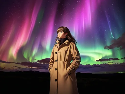 Prompt: Anime style portrait of a woman, exceptional lighting, northern lights background, ultra realistic, scientific, brown coat, colorful sky, weather report style, detailed facial features, detailed eyes, realistic anime, intense gaze, detailed hair, professional, atmospheric lighting, vibrant color tones, dynamic composition