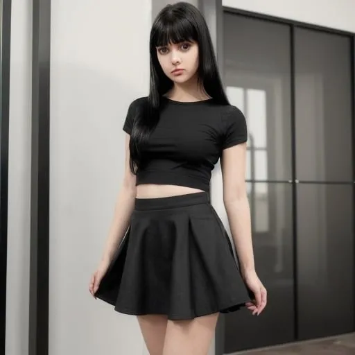 Prompt: Cute girl wearing black top and skirt bang long black hair epic real reality real life 