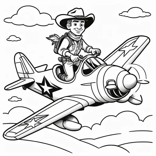 Prompt: Cowboy riding a fighter plane Cartoon for coloring book B&W bold outlines