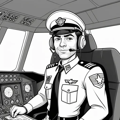 Prompt: Super hero pilot of a 747. Cartoon for coloring book B&W bold outlines