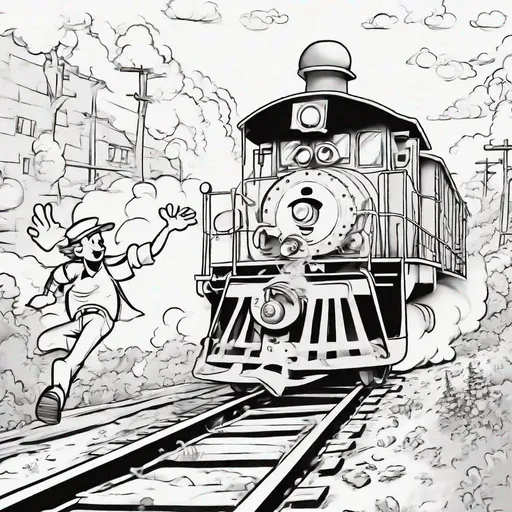 Prompt: Big cartoon like man chasing a train to catch the caboose B&W for coloring book