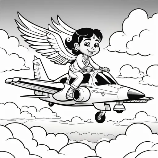 Prompt: Indian riding on the wing of a jet. Cartoon for coloring book B&W bold outlines