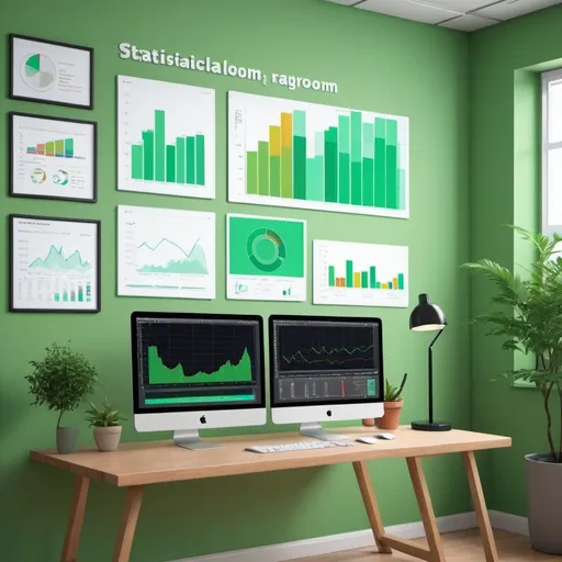 Prompt: Create background image in the statistical room.  There is a chart display there.  bright themed.  With light green walls.  there is a bookshelf and also an imac monitor. make more closer to the wall. more realistic please. More zoom