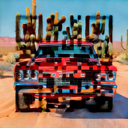 Prompt: Red dodge car close-up chase in the desert