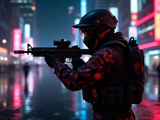 Prompt: A soldier with full gear dressed in black with patterns in red neon light, he is standing in the extreme right of the screen so that the whole body is visible and aiming through the sights at the left of the screen, the background is a cityline with neon lights of various colours 