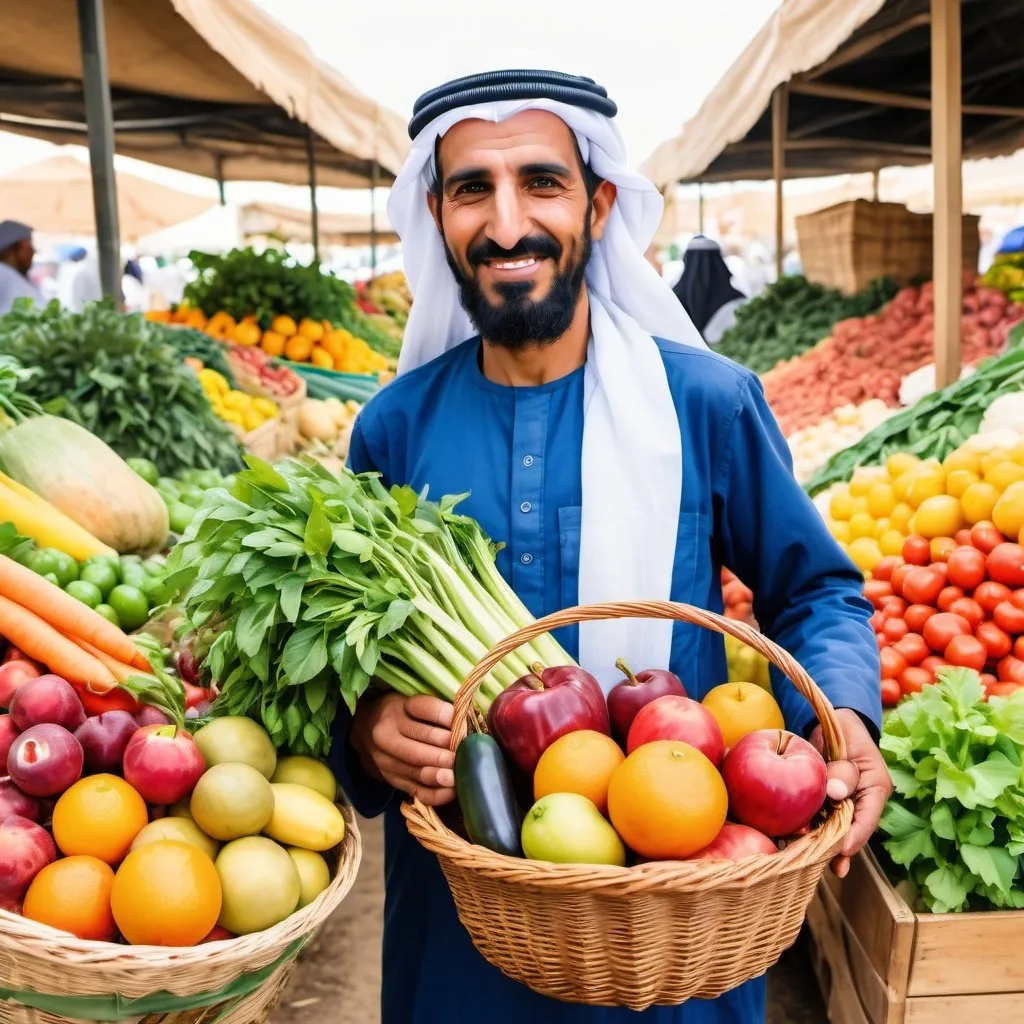 Prompt: Design a watercolor painting depicting an Arab  farmer in the fresh fruits & vegetables market  holding a basket overflowing with fresh, seasonal fruits and vegetables.