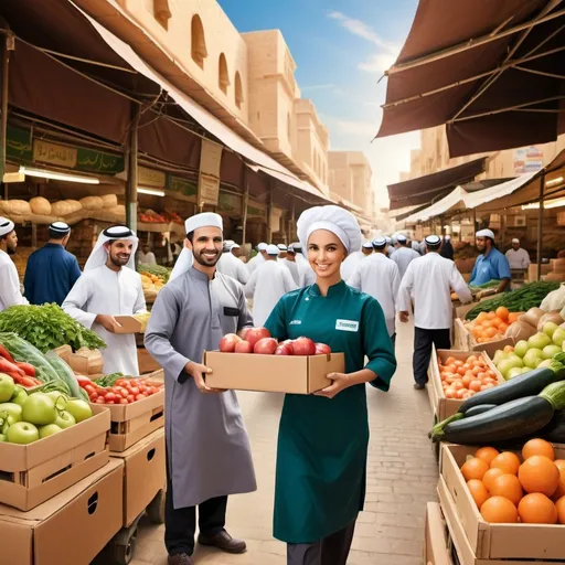 Prompt: Create a classic painting style image of a bustling Al Aweer market scene. In the foreground, showcase a merchant handing a box of fresh produce to a delivery person wearing a branded uniform.