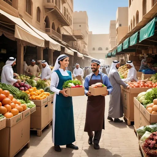 Prompt: Create a classic painting style image of a bustling Al Aweer market scene. In the foreground, showcase a merchant handing a box of fresh produce to a delivery person wearing a branded uniform.
