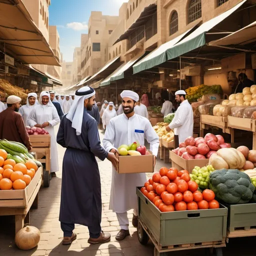 Prompt: Create a classic painting style image of a bustling Al Aweer market scene. In the foreground, showcase a merchant handing a box of fresh produce to a delivery person wearing a branded uniform.