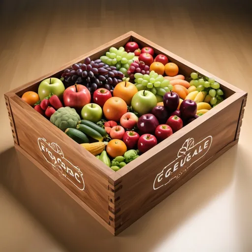 Prompt: Create a photorealistic image of a beautifully crafted wooden box filled with neatly arranged and colorful fruits and vegetables. Include the platform's logo on the box and a map of the GCC in the background.