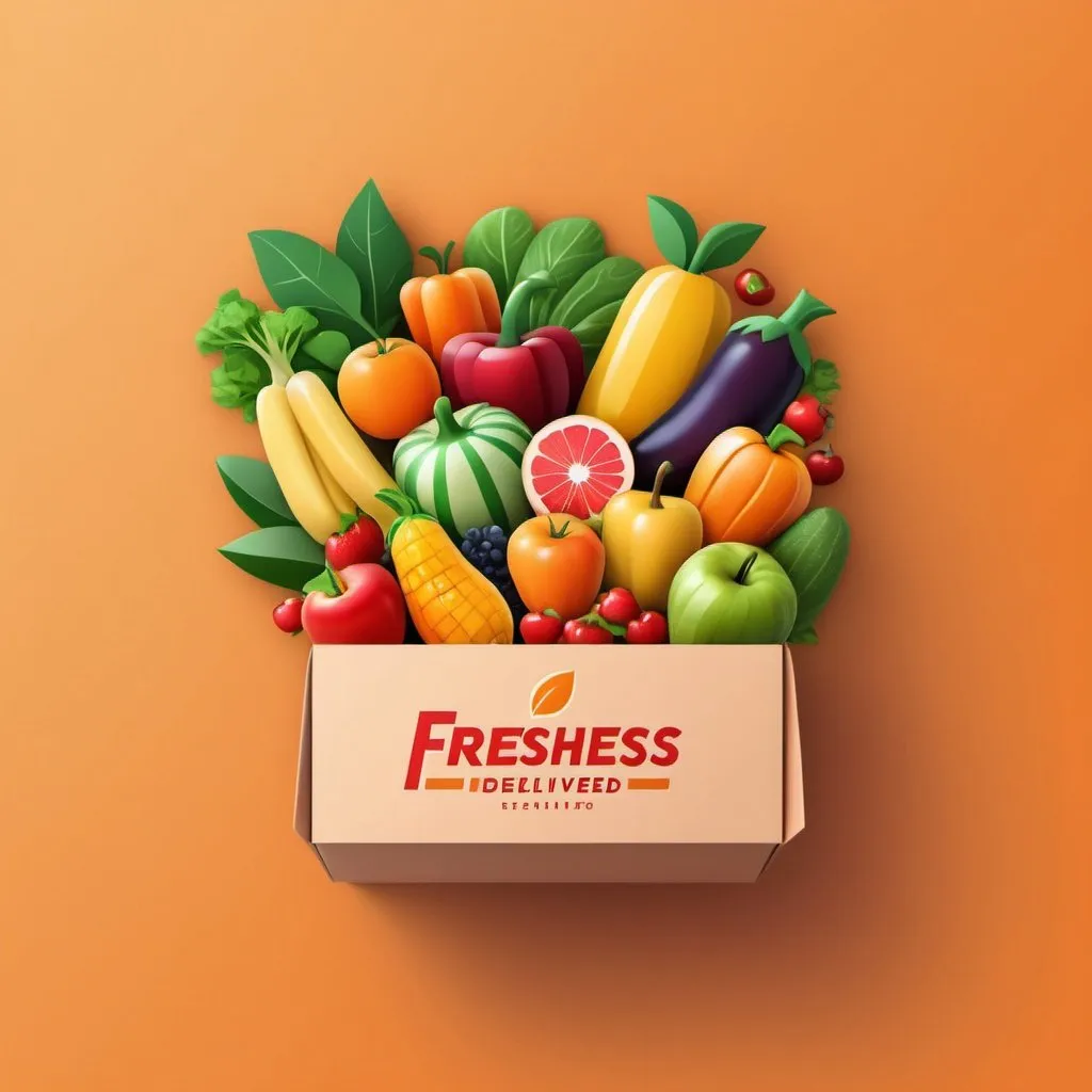 Prompt: Create a minimalist illustration in warm tones for a fresh produce delivery service in the GCC. The image should show a phone with the platform's logo on the screen, surrounded by healthy and colorful fruits and vegetables. Include the text "Freshness Delivered" in a clear and modern font.