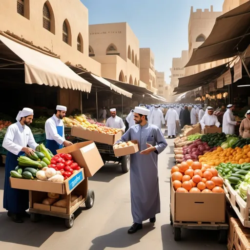 Prompt: Create a classic painting style image of a bustling Al Aweer market scene. In the foreground, showcase a merchant handing a box of fresh produce to a delivery person wearing a branded uniform.