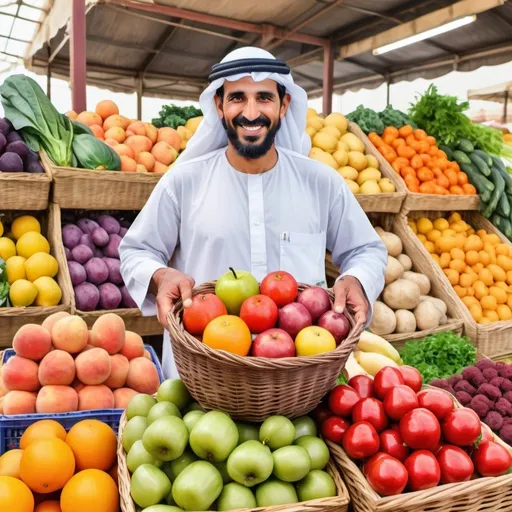 Prompt: Design a watercolor painting depicting an Arab  farmer in the fresh fruits & vegetables market  holding a basket overflowing with fresh, seasonal fruits and vegetables.