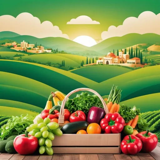 Prompt: Create a vintage travel poster style image in English promoting the fresh produce delivery service across the GCC. Feature lush green landscapes, rolling hills, and vibrant fruits and vegetables, with the platform's logo and slogan prominently displayed