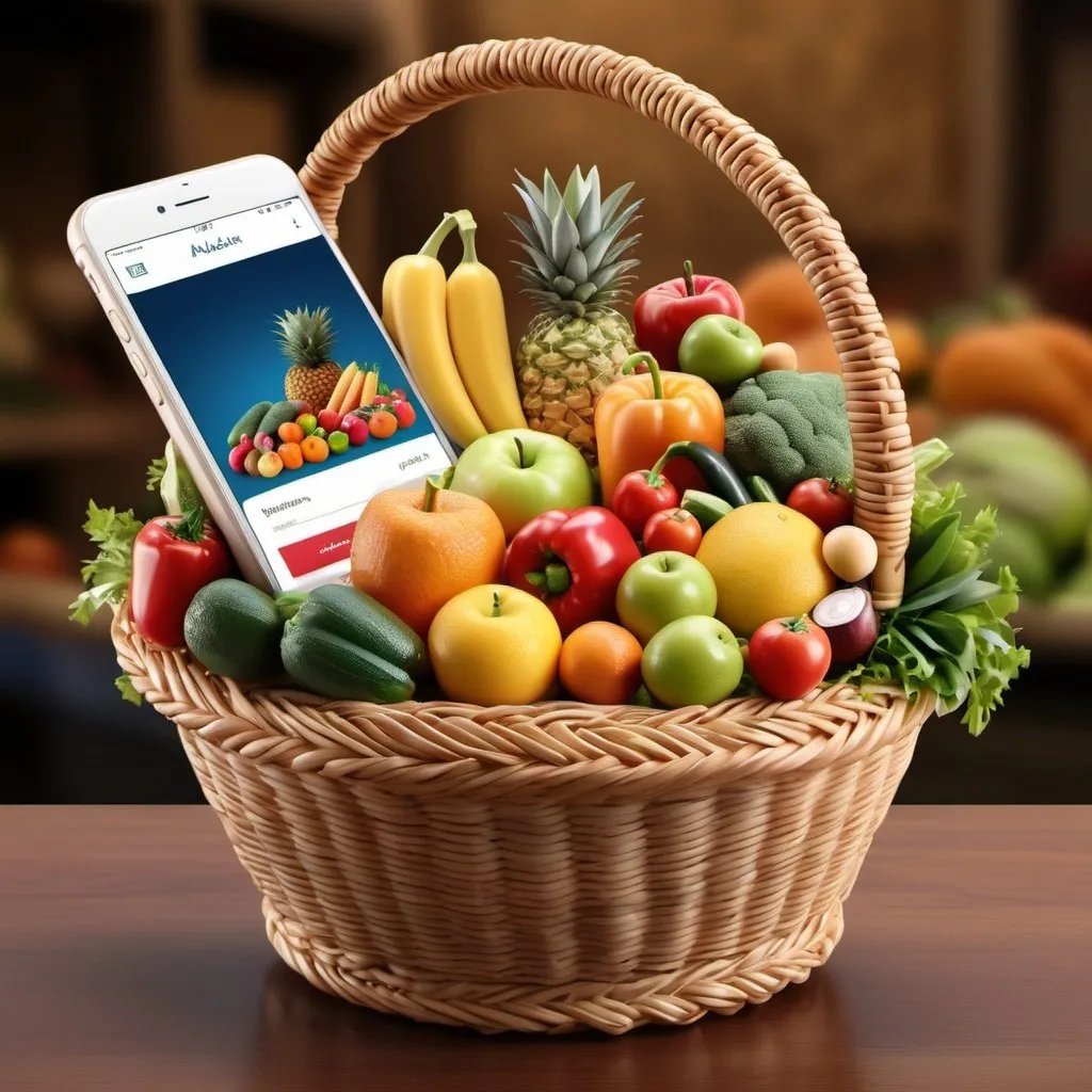 Prompt: Generate a photorealistic image of a traditional basket overflowing with fresh fruits and vegetables from the Al Aweer market. The basket should be placed on a map of the GCC, with a smartphone notification popping up on the screen saying "Your order is on its way!"