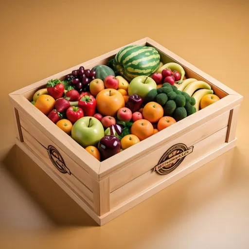 Prompt: Create a photorealistic image of a beautifully crafted wooden box filled with neatly arranged and colorful fruits and vegetables. Include the platform's logo on the box and a map of the GCC in the background.