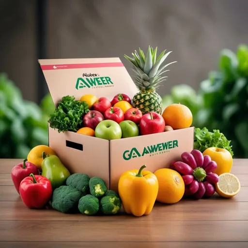 Prompt: Create a realistic image for a fresh produce delivery service in the GCC. The image should showcase a variety of colorful fruits and vegetables from the Al Aweer fruits & vegetables market in Dubai, being delivered to a happy customer's doorstep in another GCC country. Include a map of the GCC in the background. Use a bright and inviting color palette
