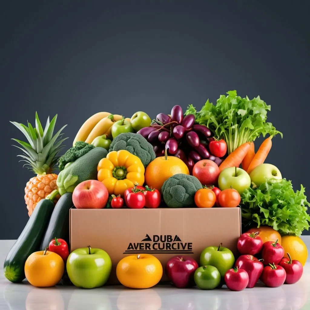 Prompt: Create a realistic image for a fresh produce delivery service in the GCC. The image should showcase a variety of colorful fruits and vegetables from the Al Aweer fruits & vegetables market in Dubai, being delivered to a happy customer's doorstep in another GCC country. Include a map of the GCC in the background. Use a bright and inviting color palette