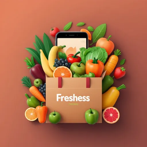 Prompt: Create a minimalist illustration in warm tones for a fresh produce delivery service in the GCC. The image should show a phone with the platform's logo on the screen, surrounded by healthy and colorful fruits and vegetables. Include the text "Freshness Delivered" in a clear and modern font.